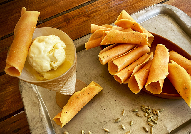 What’s cooking today: Cardamom ice cream & turmeric tuiles