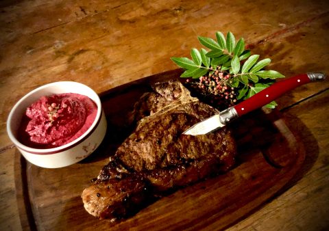 What’s cooking today: T-bone steak with pink peppercorns & roasted beetroot purée