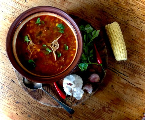 Oxtail soup with red bell pepper, corn and chickpeas. (Photo: Tony Jackman)