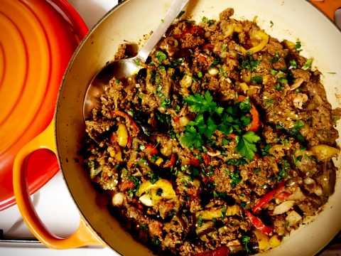 What’s cooking today: Savoury mince with aubergine, olives and peppers