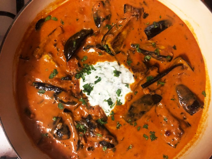 What’s cooking today: Brinjal coconut curry with yellow rice