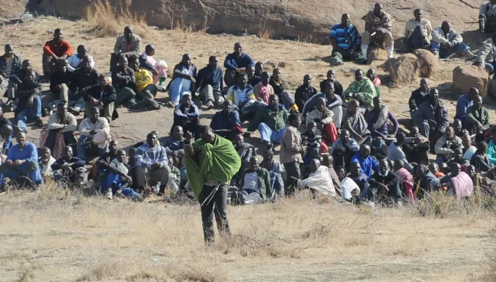 Striking miners protest at the Lonmin mine near Marikana, North West province, South Africa on 16 August 2012. (Photo: Felix Dlangamandla FOTO24/GAUTENG)