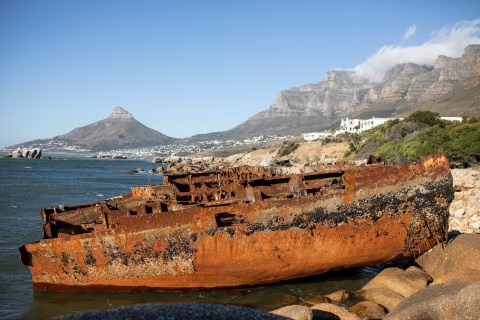 The remains of the wrecked Antipolis Ship on January 25, 2022 in Cape Town, South Africa. It is reported that the 44-year-old shipwreck named the Antipolis washed up onto rocks at Oudekraal following this week's huge and unusual wave swells. The Antipolis, a Greek Tanker built in 1959, ran aground at Oudekraal in 1977. (Photo by Gallo Images/Daily Maverick/Leila Dougan)