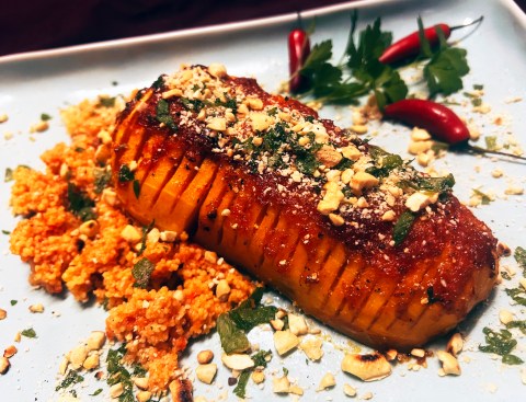 What’s cooking today: Hasselback butternut with honeyed harissa and a cashew crumb