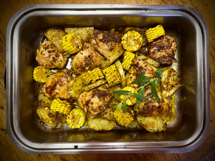 What’s cooking today: Chicken, corn and sweet potato tray bake