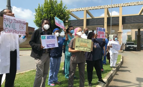 Doctors picket outside Chris Hani Baragwanath Academic Hospital over dismissal of more than 800 workers
