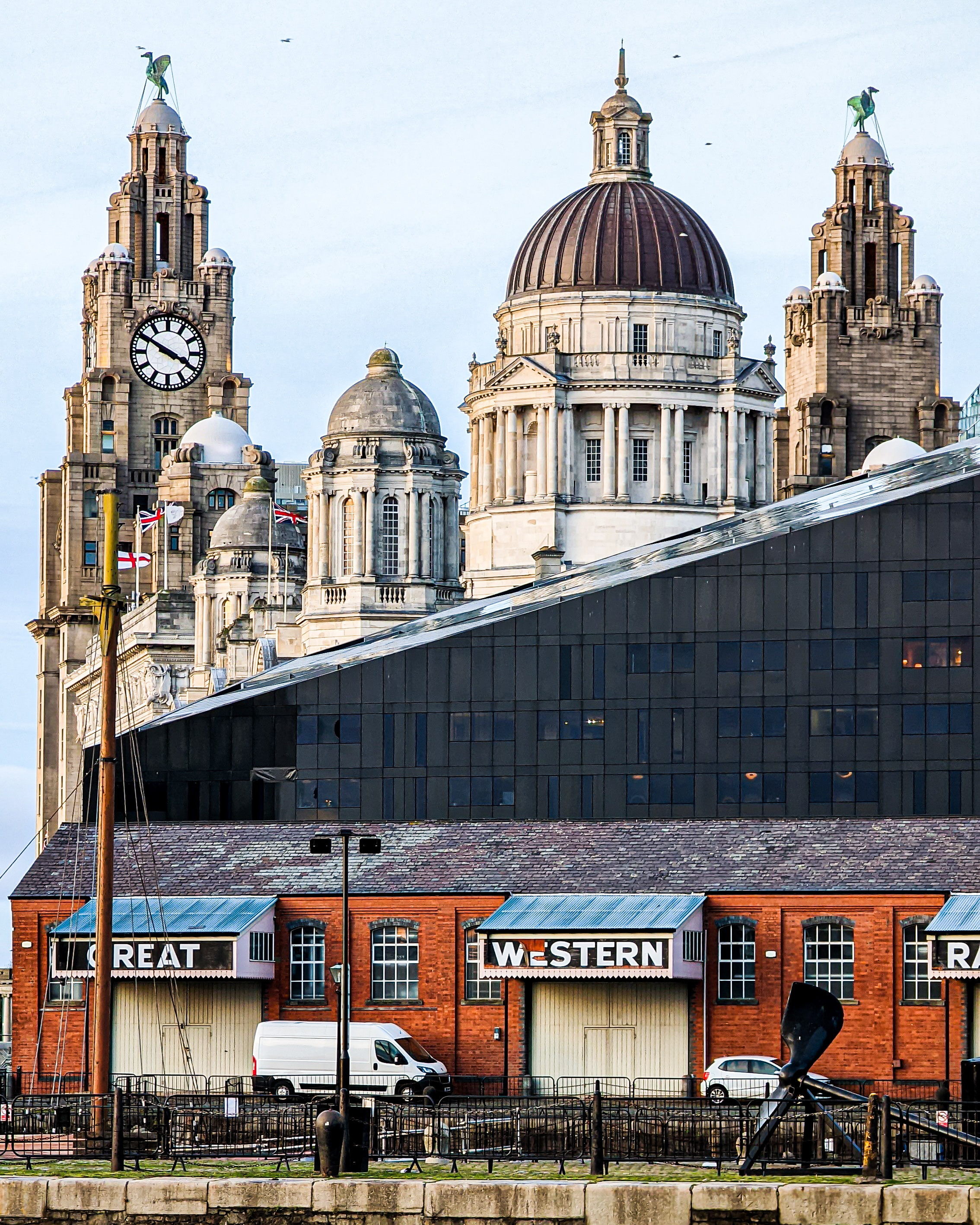 The Three Graces, located at Liverpool Pier Head, shot from the Albert Dock using the fantastic zoom lens on the Pixel 6 Pro.
