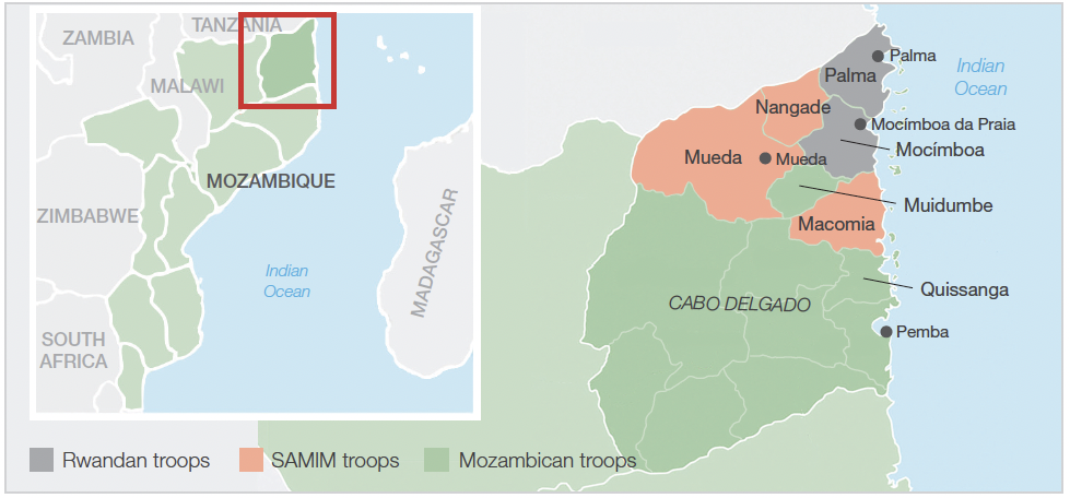 A map showing the territorial division of labour between Samim and Rwandan forces