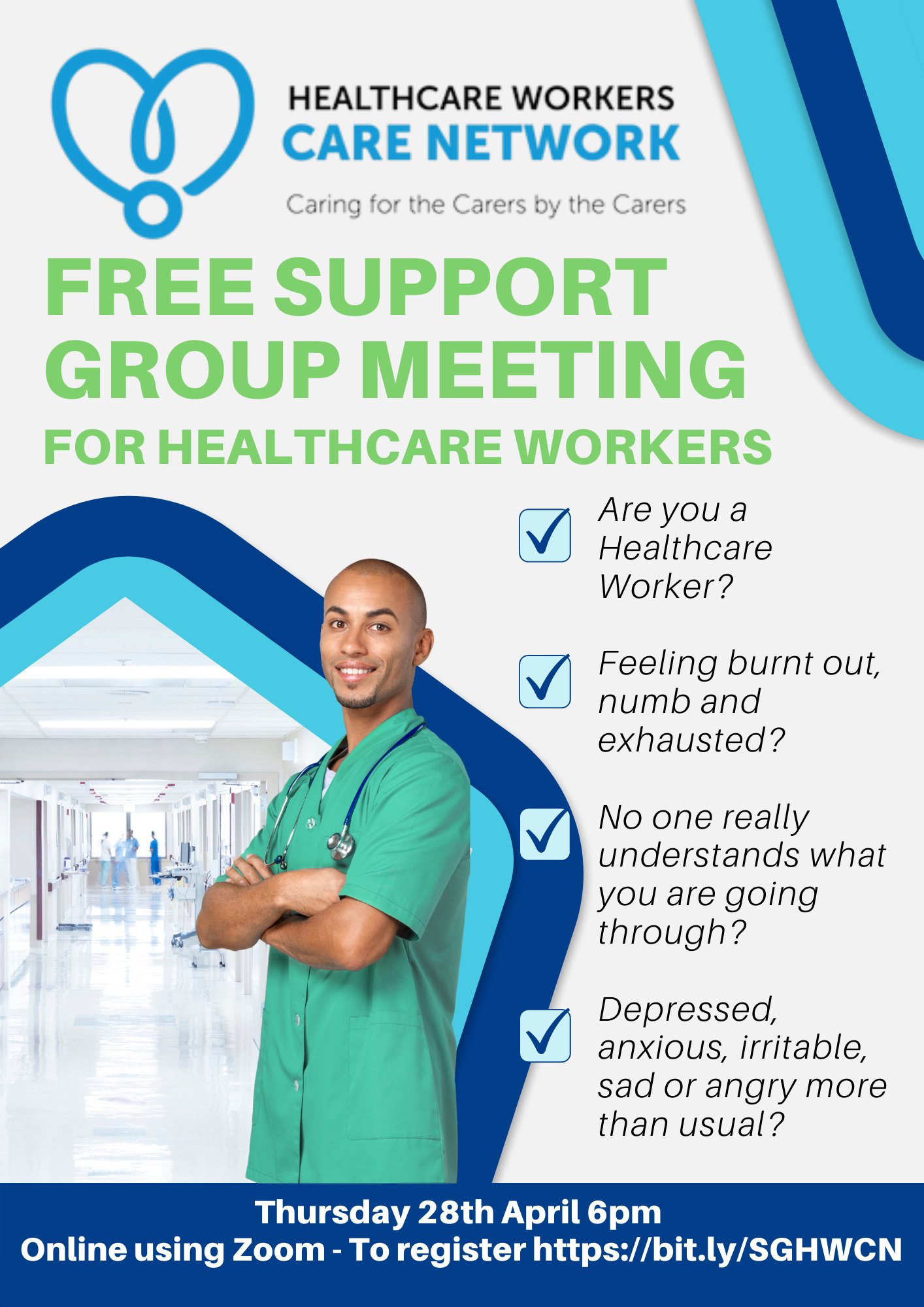 A poster advertising a Healthcare Workers Care Network Support Group session by the South African Depression and Anxiety Group (Sadag)