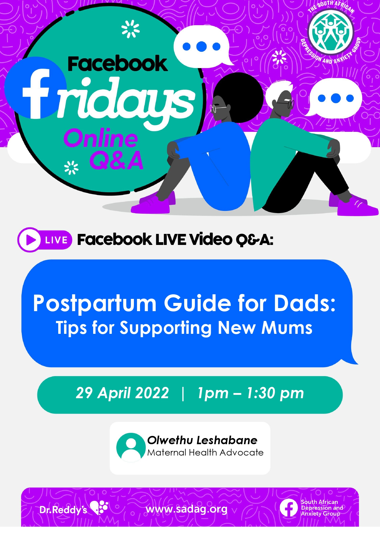 A poster advertising a Facebook live question-and-answer session titled “Postpartum Guide for Dads: Tips for Supporting New Mums”, hosted by the South African Depression and Anxiety Group