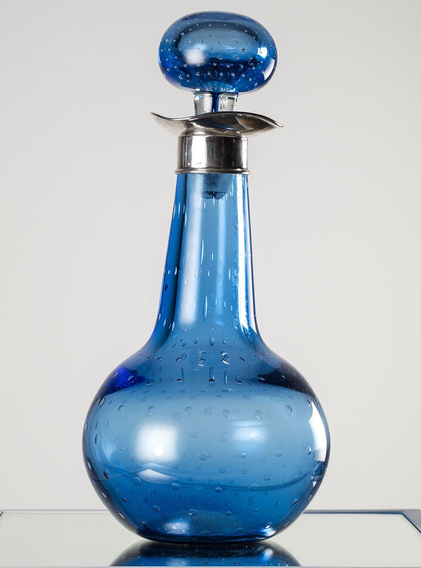 Silver- mounted blue and clear glass decanter with stopper – Shirley Cloete, South Africa (20th Century)
