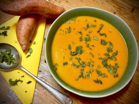 Tony Jackman’s curried sweet potato soup, served in a Mervyn Gers Ceramics bowl. (Photo: Tony Jackman)