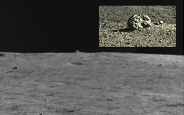 Distant view by the Chang'e 4 rover showing the hut-like rock 80m away, plus a close up view when it got there.