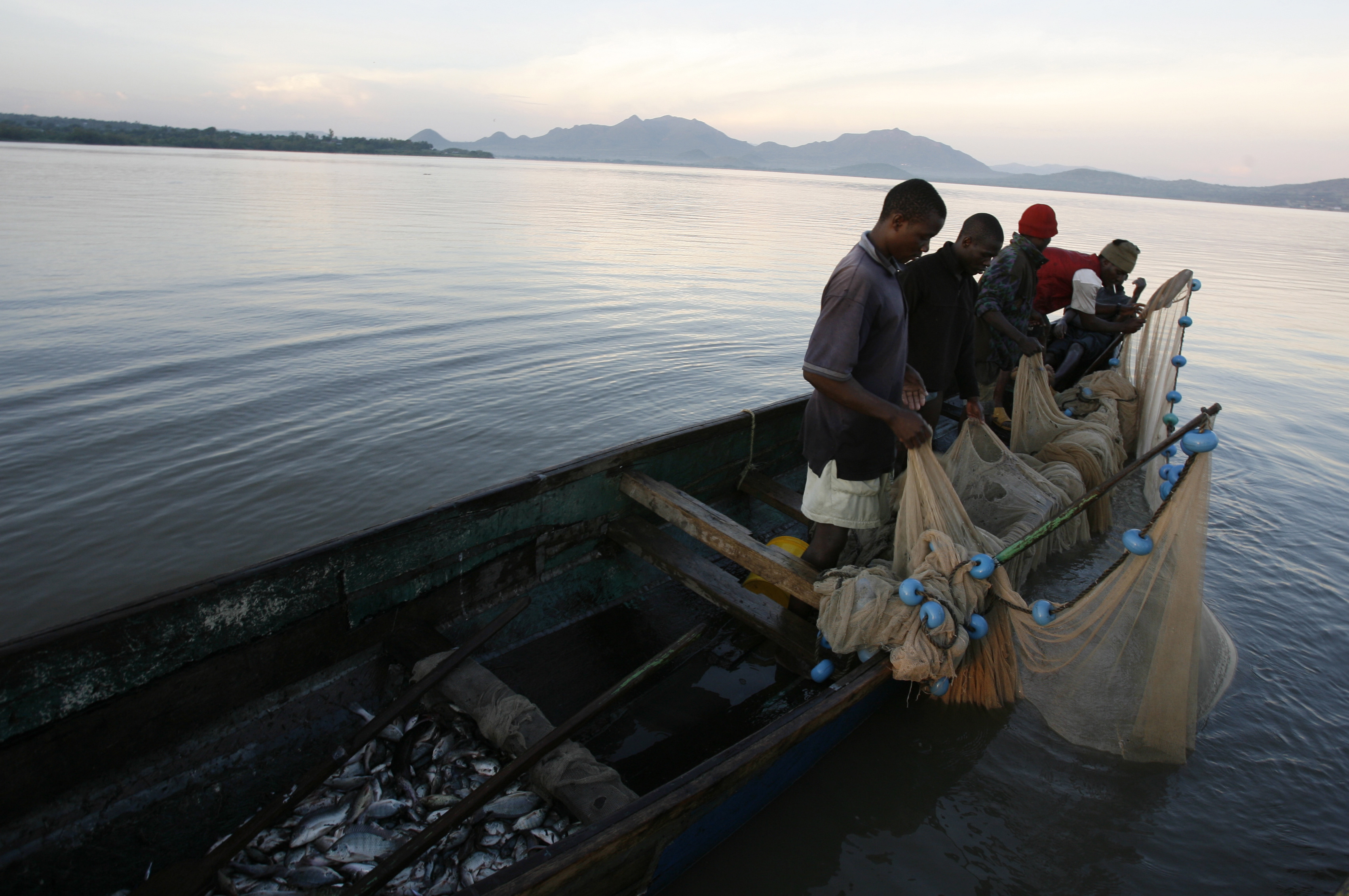 A family of fishermen check their nets in the early morning hours on Lake Victoria near Homa Bay, in western Kenya, 28 November 2009.