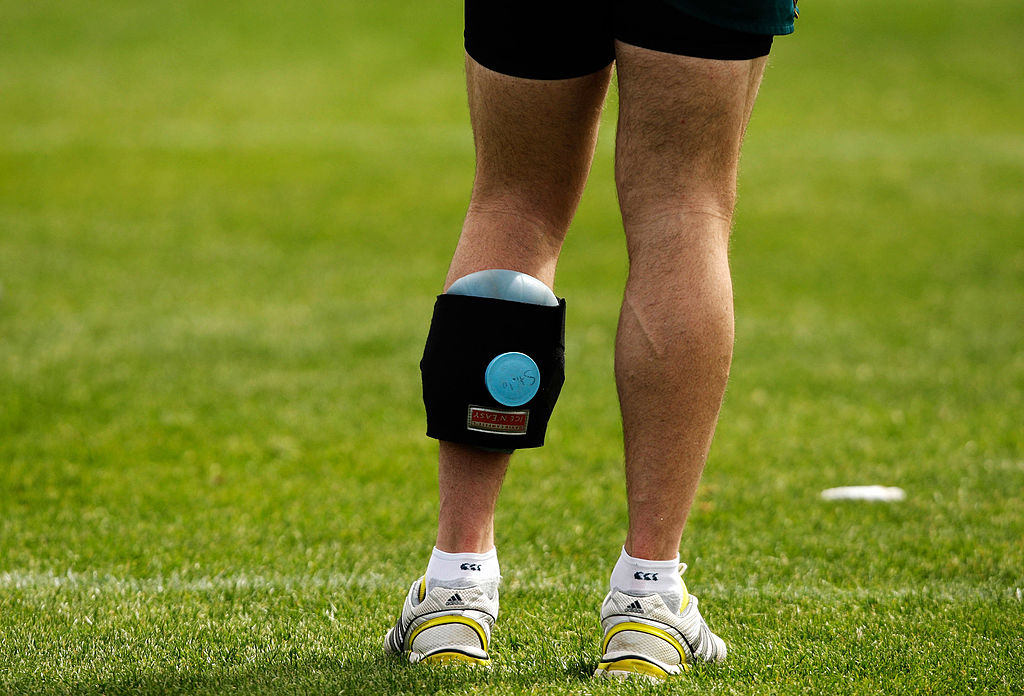 Stirling Mortlock of the Wallabies is seen with an ice pack strapped to his calve muscle