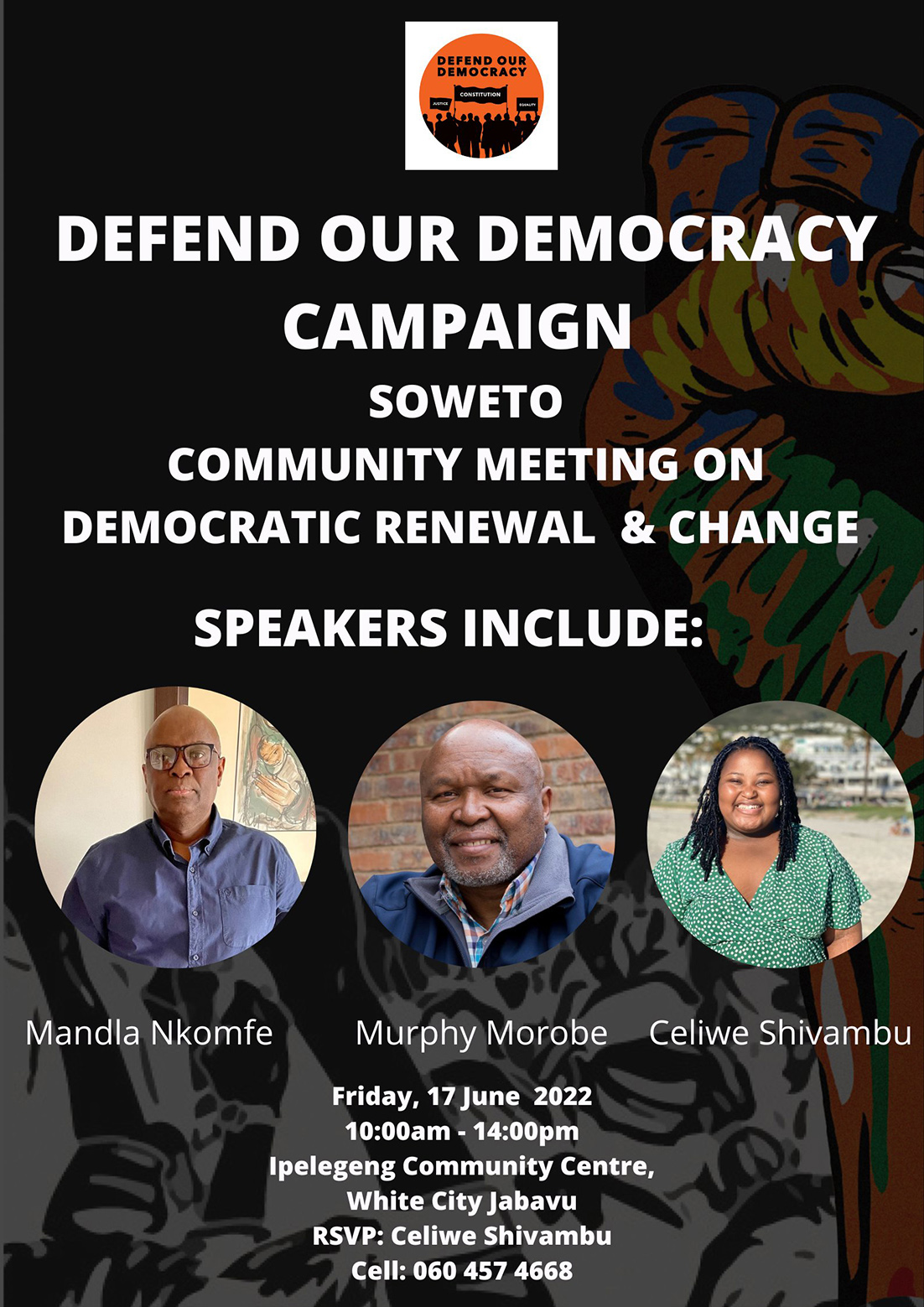 A poster advertising the Defend Our Democracy Campaign event in Soweto