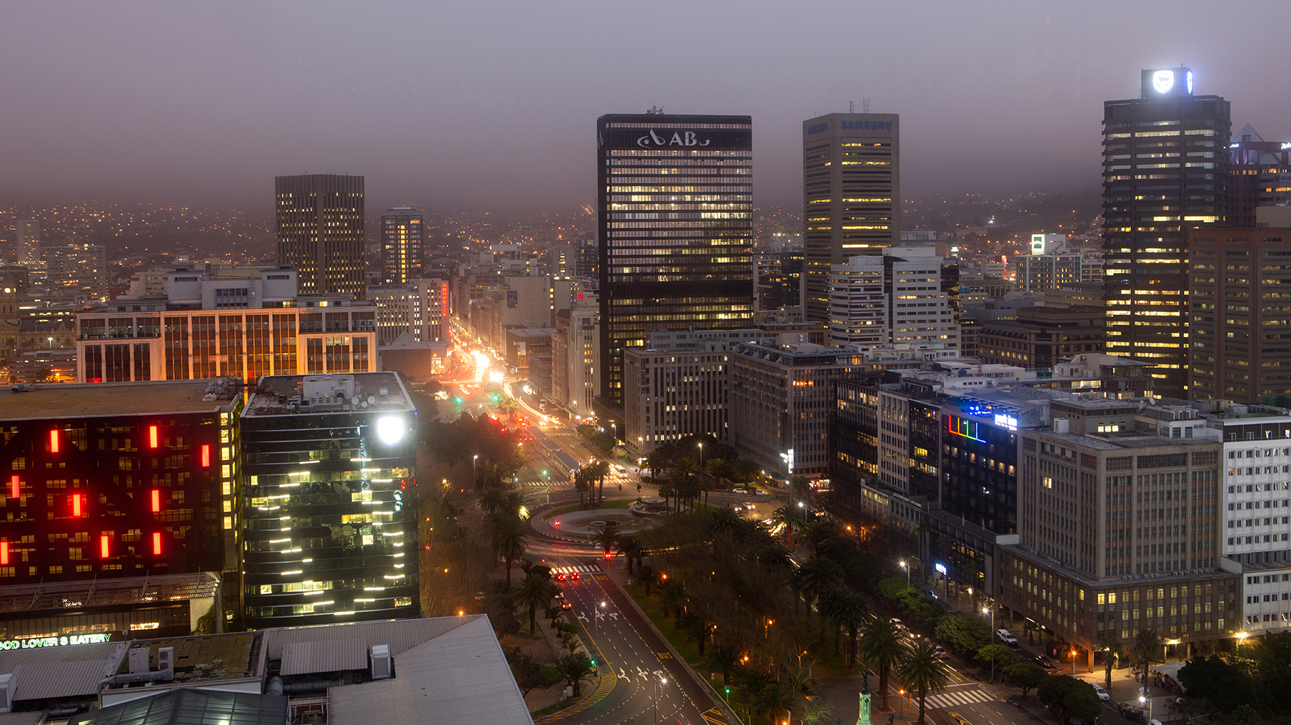 An aerial view of Cape Town city centre by night