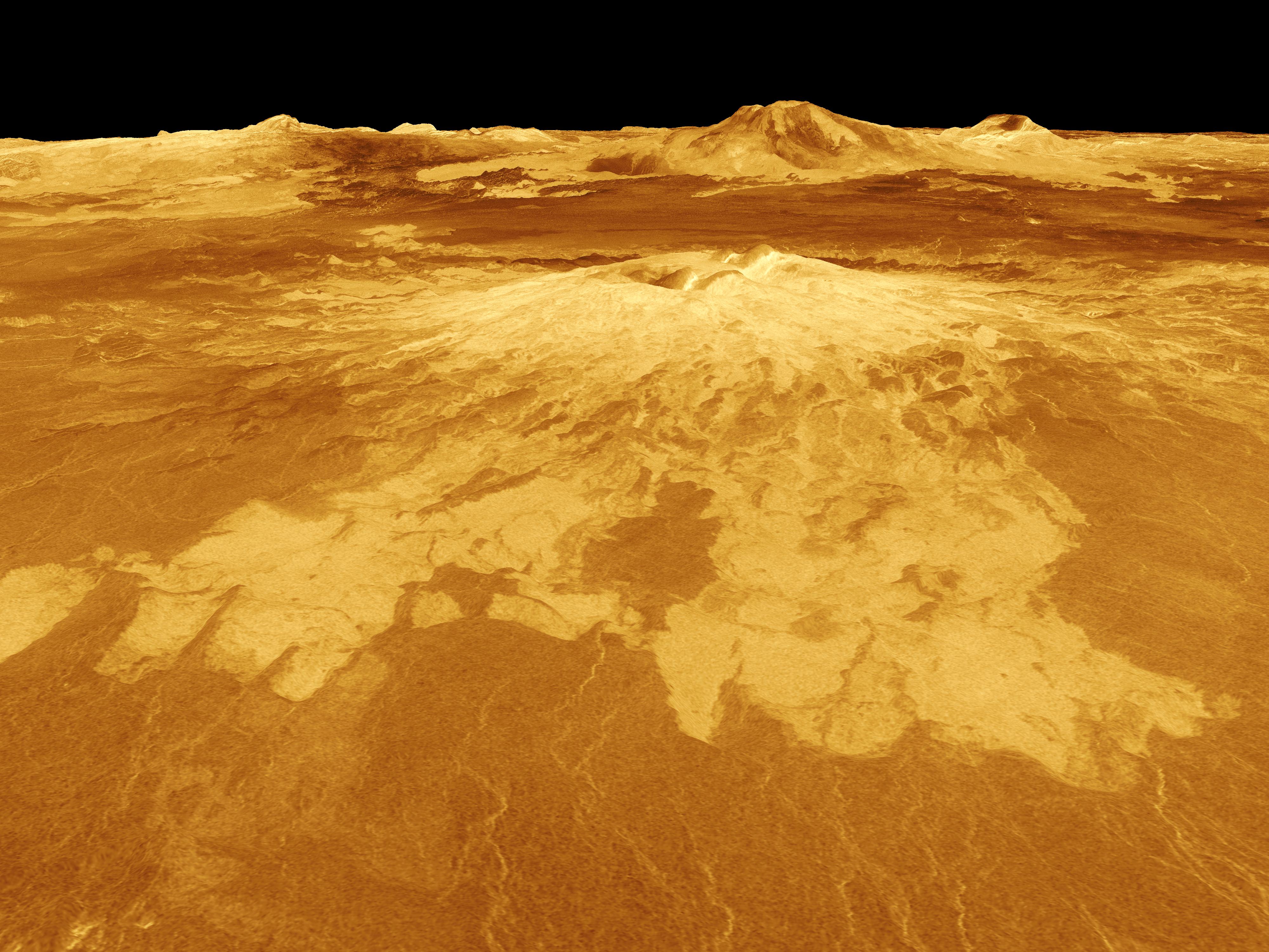 Sapas Mons on Venus. Lava flows extend for hundreds of kilometers across the fractured plains in the foreground. 