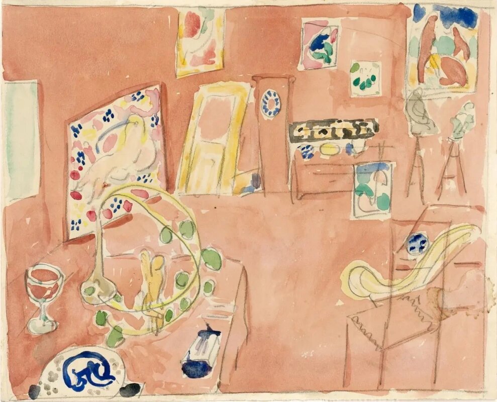 Watercolour of 'The Red Studio' by Henri Matisse.