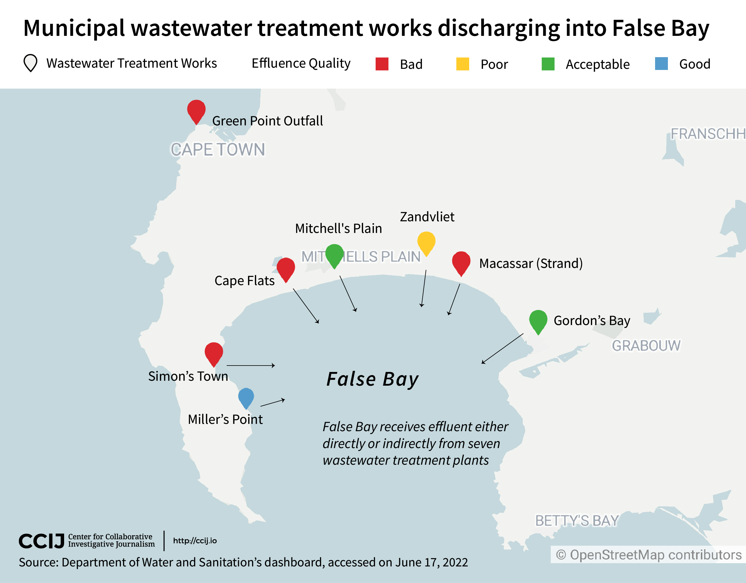 A map illustrating municipal wastewater treatment works discharging into False Bay.