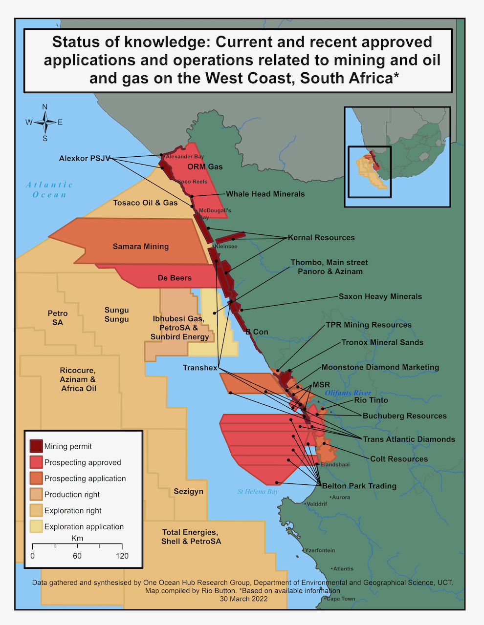 A map showing prospecting and mining applications on the West Coast.