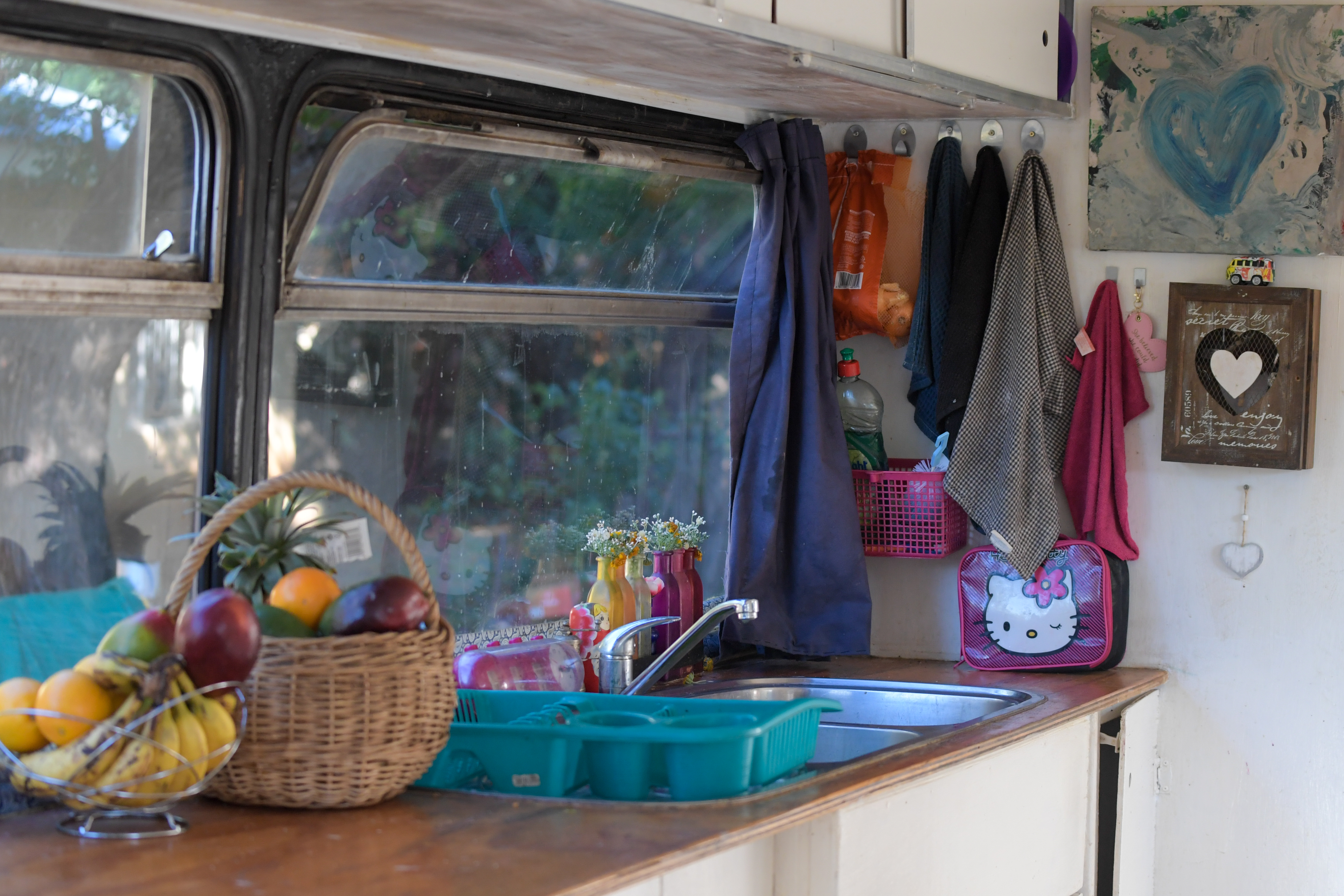 The kitchen area on the Van Niekerk bus. Van life