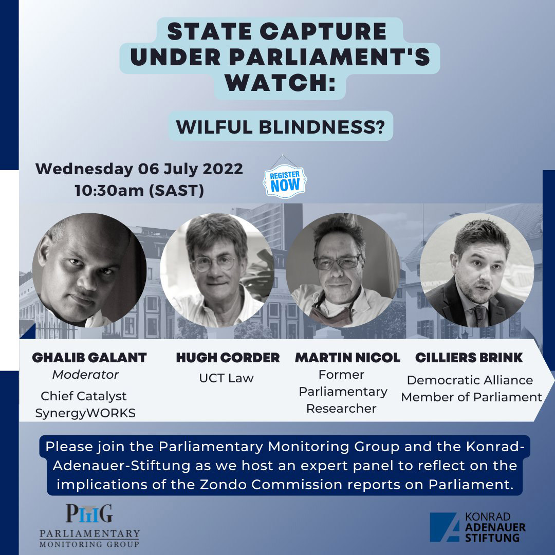 A poster reading :State Capture Under Parliament's Watch