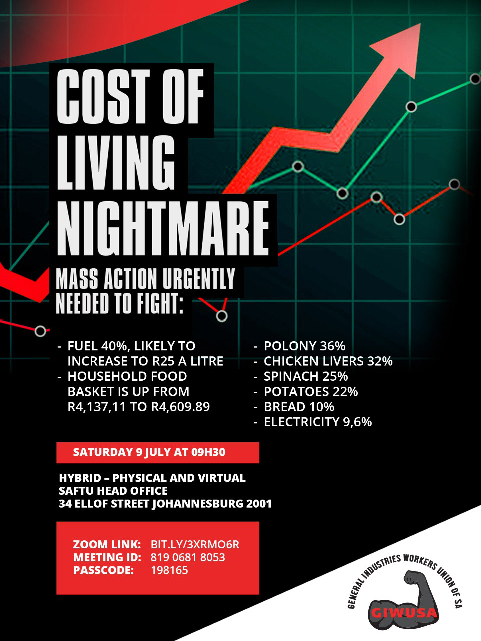 A poster reading "cost of living nightmare"