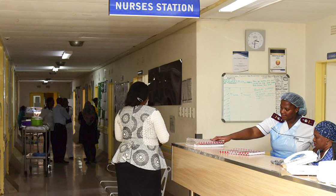 A view of a hospital nurses' station.