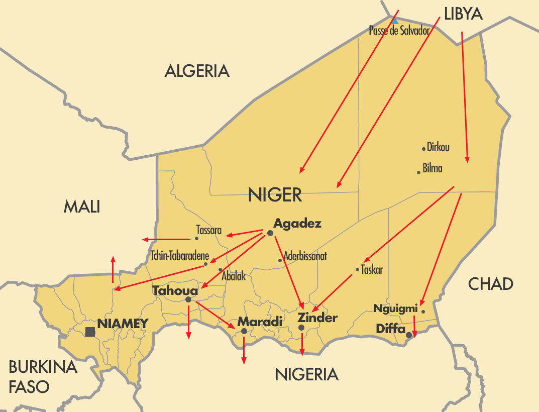 A map showing trafficking routes through Niger.