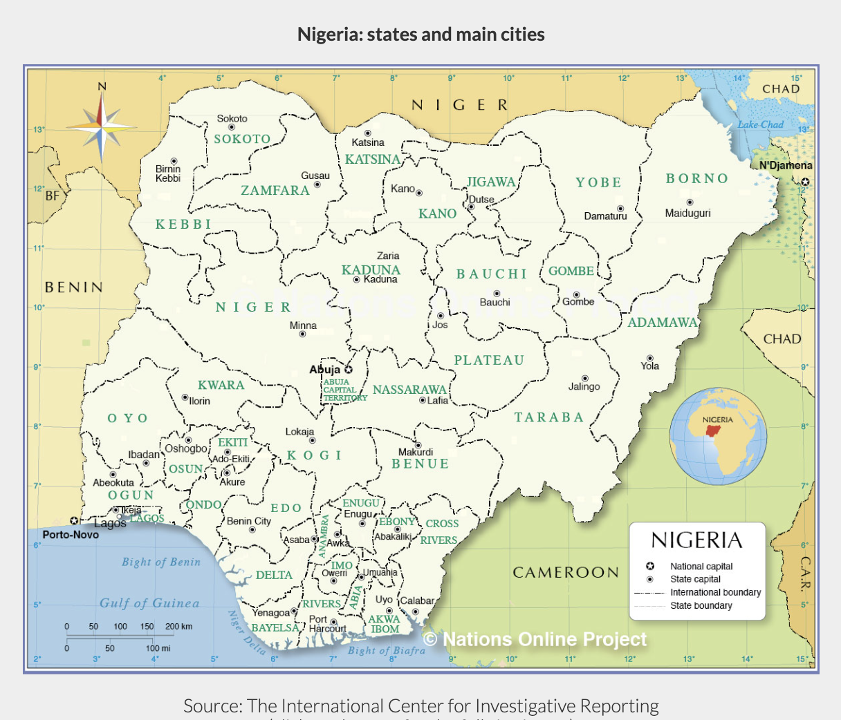 A regional map of Nigeria in relation to the Kuje prison break