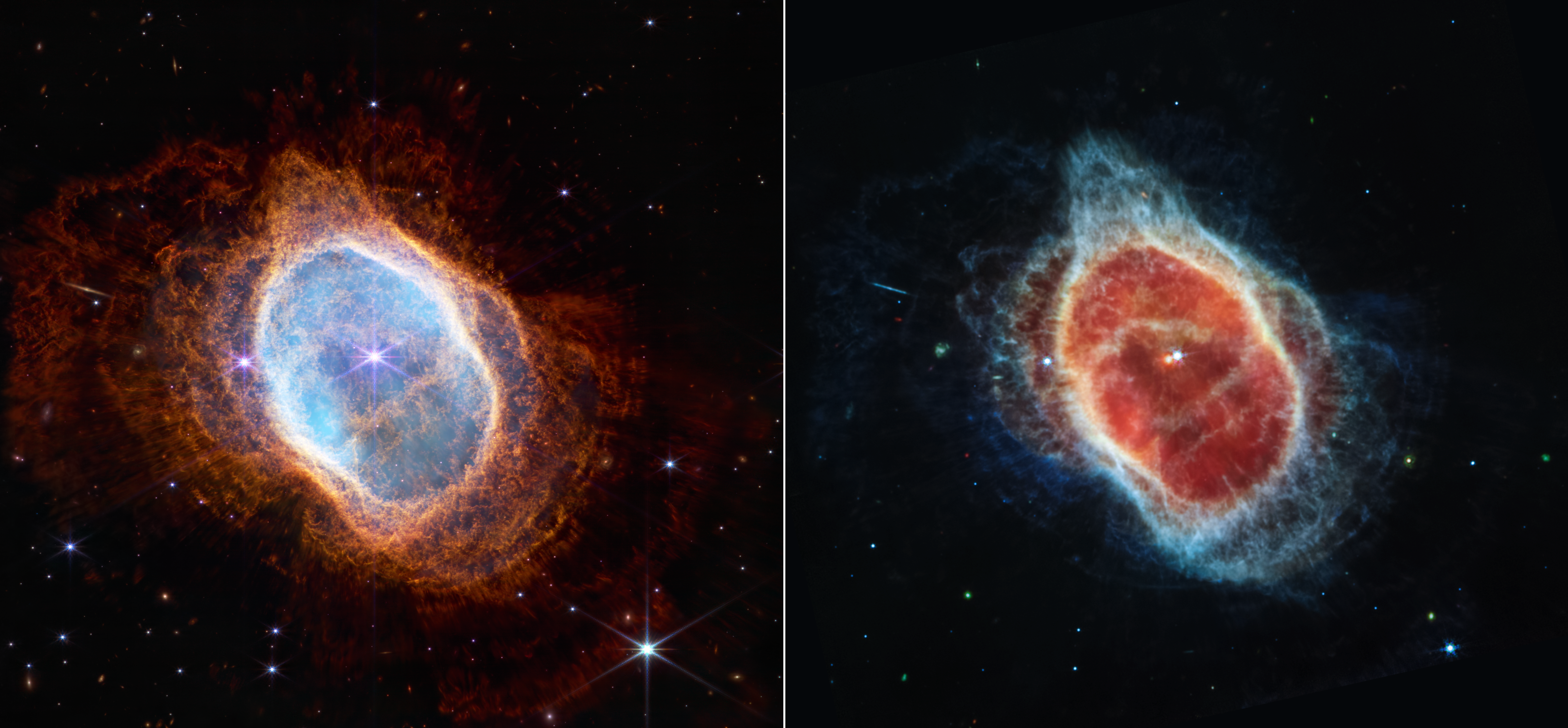 Two views of the same object, the Southern Ring Nebula, are shown side by side. Both feature black backgrounds speckled with tiny bright stars and distant galaxies. Both show the planetary nebula as a misshapen oval that is slightly angled from top left to bottom right. At left, the near-infrared image shows a bright white star with eight long diffraction spikes at the center. A large transparent teal oval surrounds the central star. Several red shells surround the teal oval, extending almost to the edges of the image. The red layers, which are wavy overall, look like they have very thin straight lines piercing through them. At right, the mid-infrared image shows two stars at the center very close to one another. The one at left is red, the one at right is light blue. The blue star has tiny diffraction spikes around it. A large translucent red oval surrounds the central stars. From the red oval, shells extend in a mix of colors.