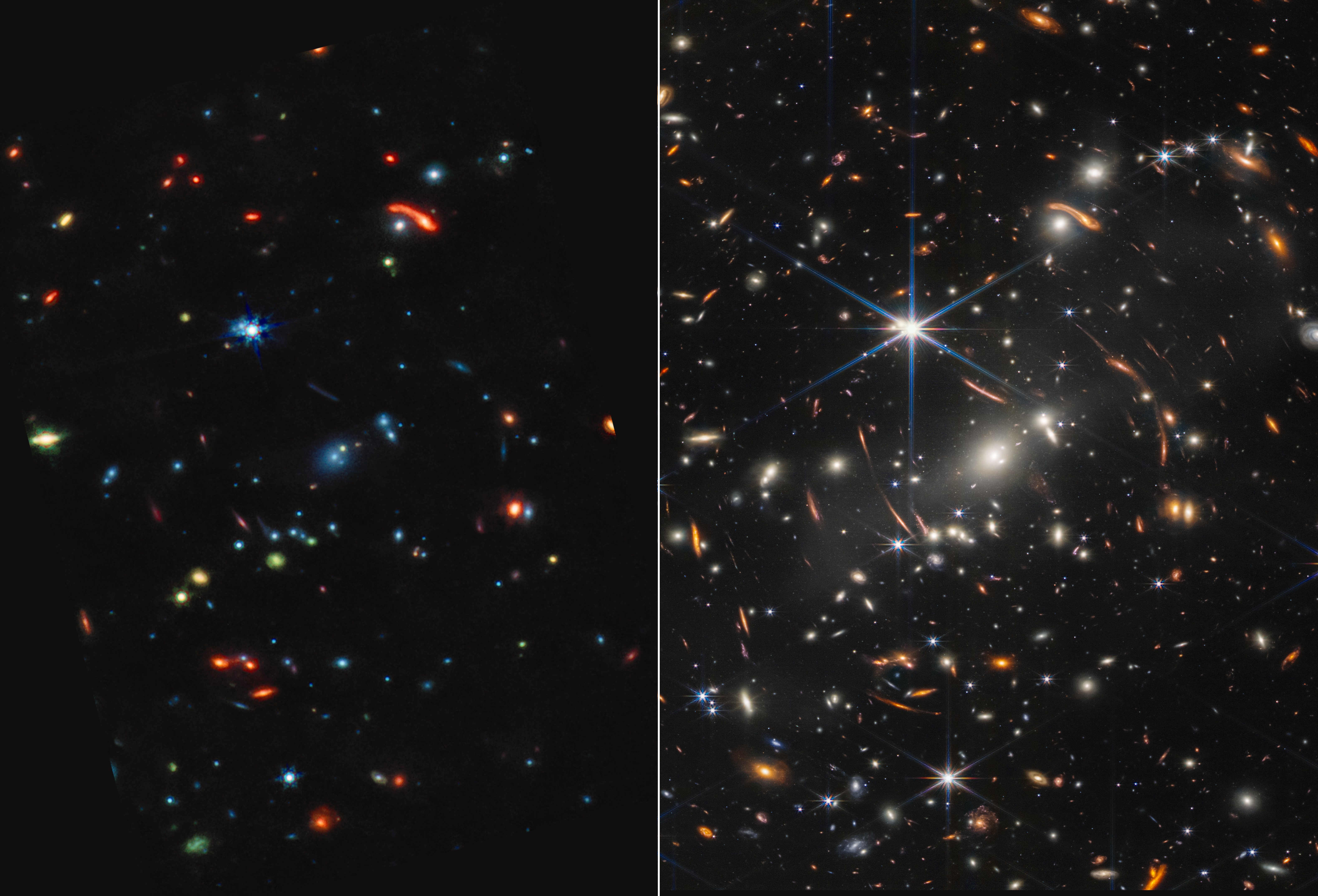This frame is split down the middle. Webb’s mid-infrared image is shown at left, and Webb’s nearinfrared image on the right. The mid-infrared image appears much darker, with many fewer points of light. Stars have very short diffraction spikes. Galaxies and stars also appear in a range of colors, including blue, green, yellow, and red. The near-infrared image appears busier, with many more points of light. Thousands of galaxies and stars appear all across the view. They are sharper and more distinct than what is seen in the mid-infrared view. Some galaxies are shades of orange, while others are white. Most stars appear blue with long diffraction spikes, forming an eight-pointed star shapes. There are also many thin, long, orange arcs that curve around the center of the image.