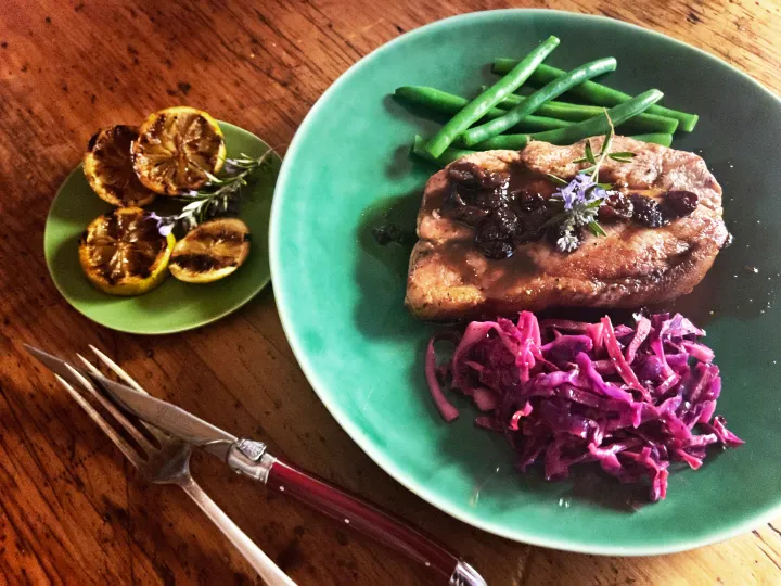 What’s cooking today: Pork rump steaks with cranberry sauce and grilled limes