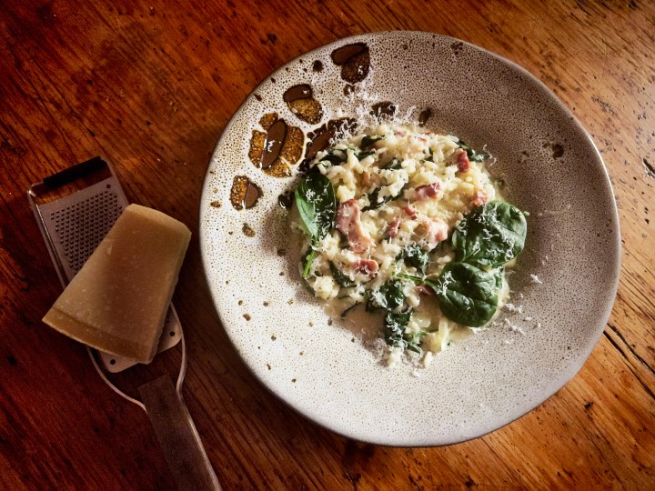 What’s cooking today: Bacon, blue cheese and baby spinach risotto