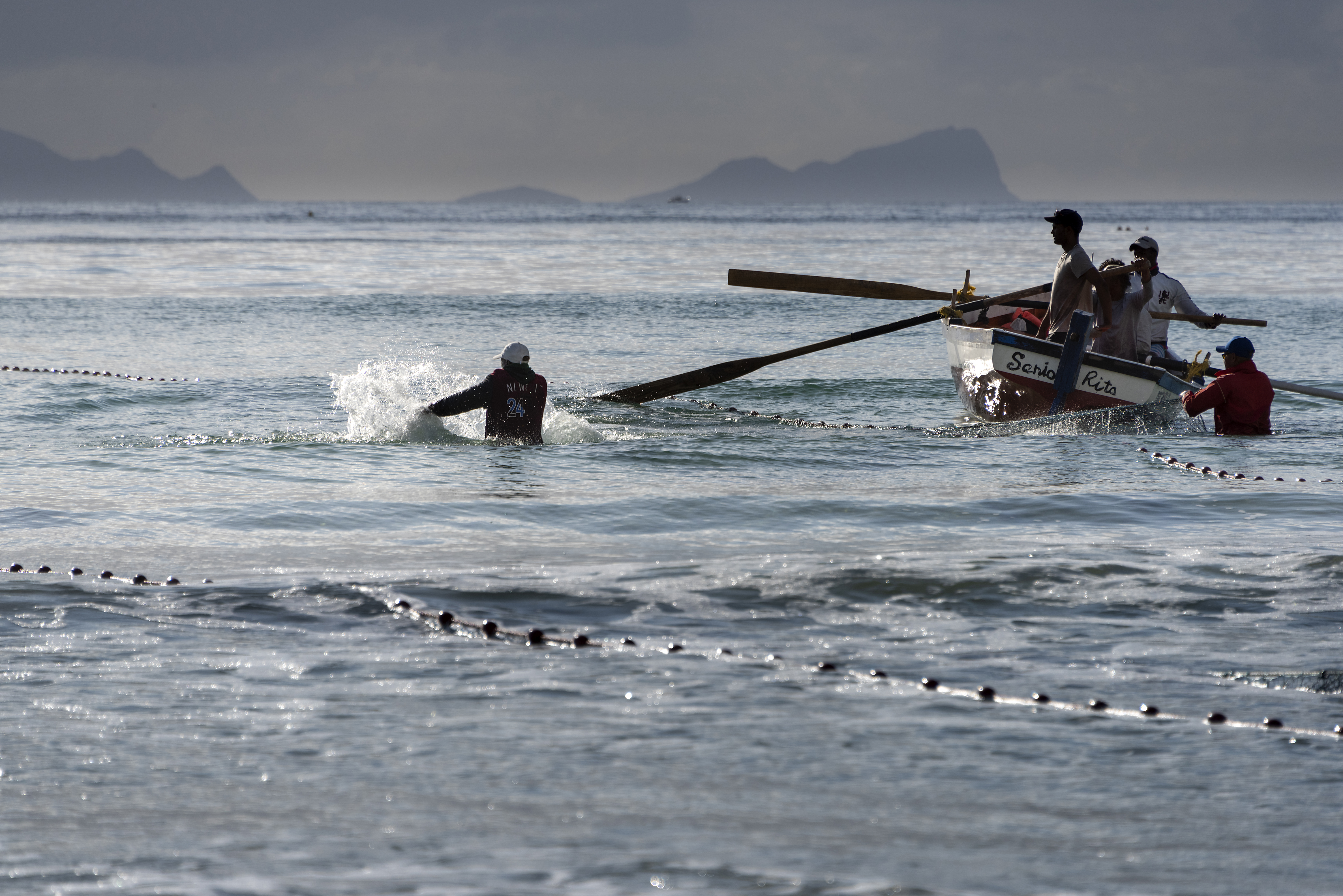 Early morning fishermen pulling in the trek net, hoping for a Yellowtail catch in False Bay, Cape Town, South Africa. 