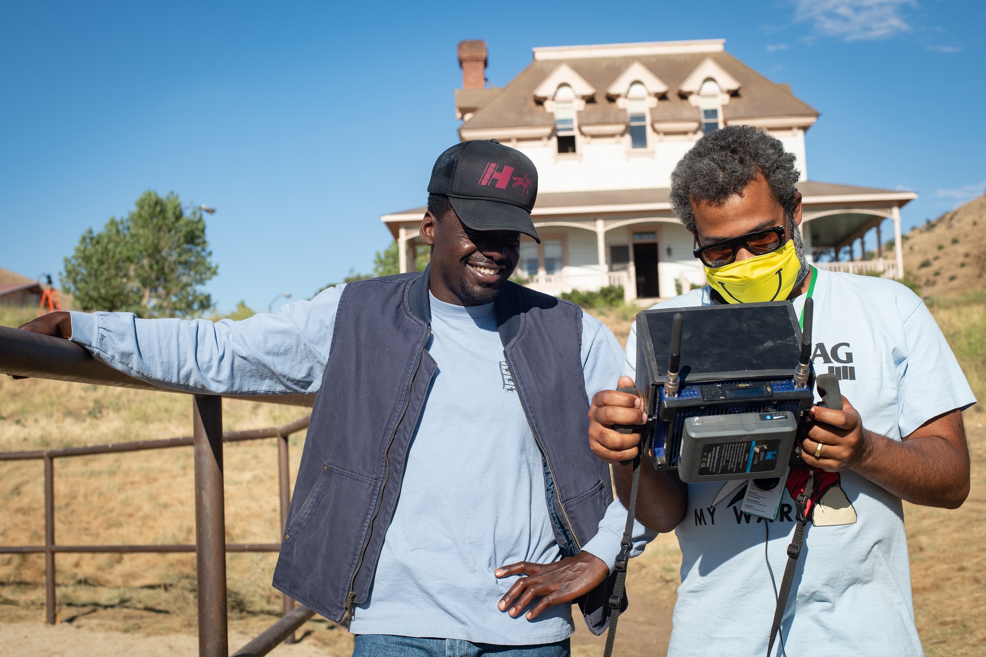 Left to right: Daniel Kaluuya and Writer/Director/Producer Jordan Peele on the set of 'Nope'. Image: courtesy of Universal Pictures Nope