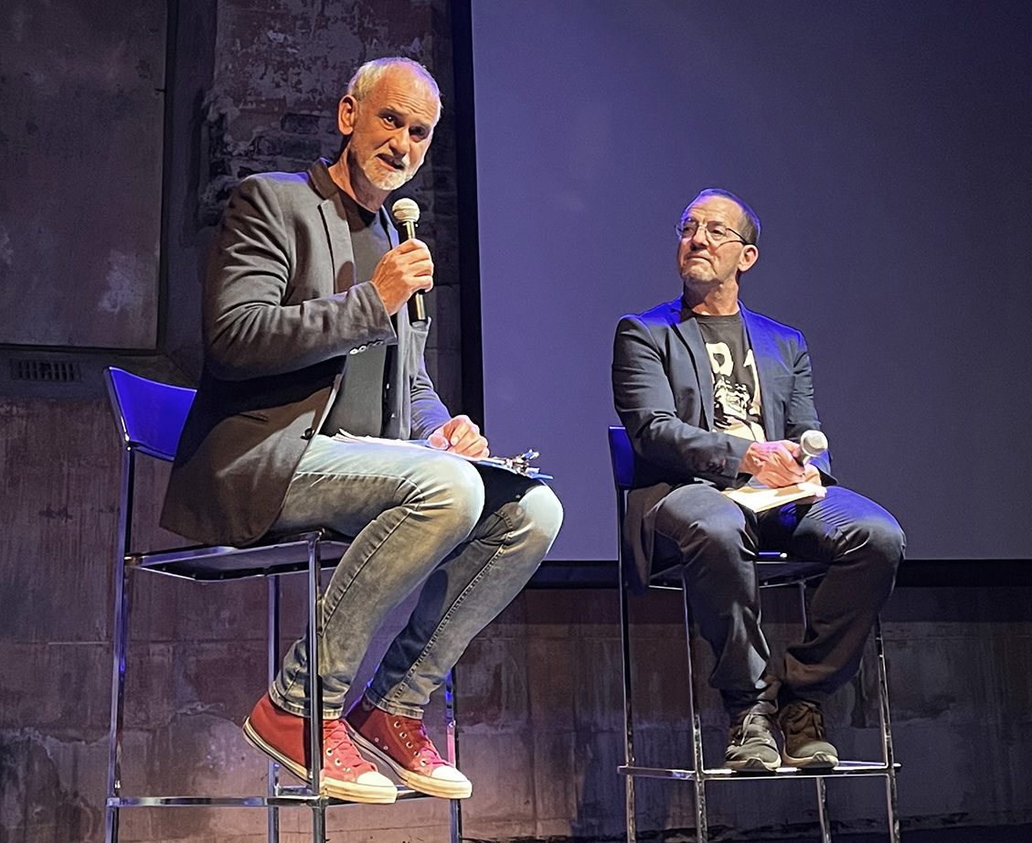 Playwright Mike Van Graan in conversation with Maverick Citizen editor Mark Heywood at the opening of the festival. (Photo: Jeremeo Le Cordeur)