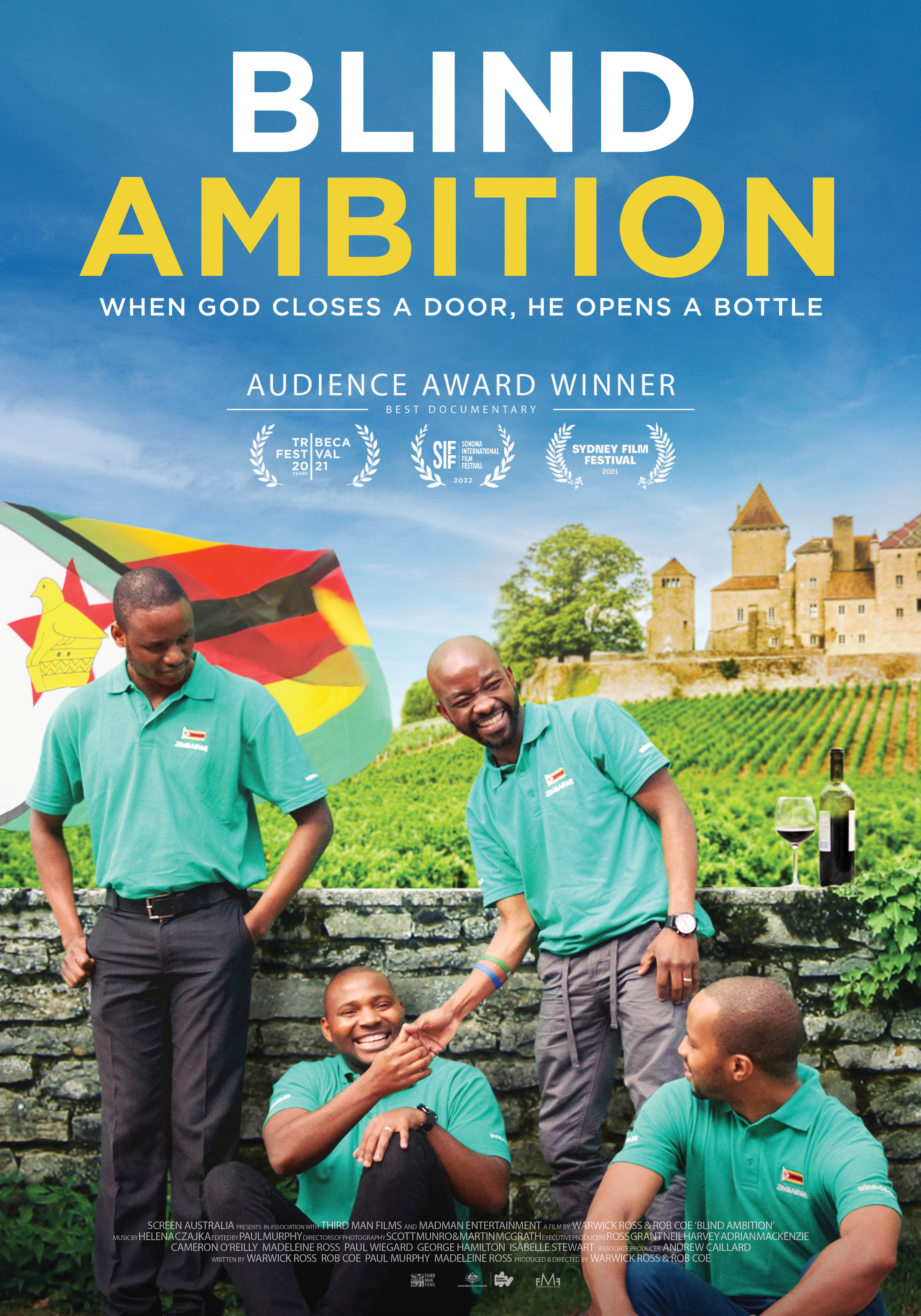 Official poster for Blind Ambition: Left to right: Tongai Joseph Dhafana, Marlvin Gwese, Pardon Tagazu, Tinashe Nyamudoka (image courtesy of Universal Pictures)