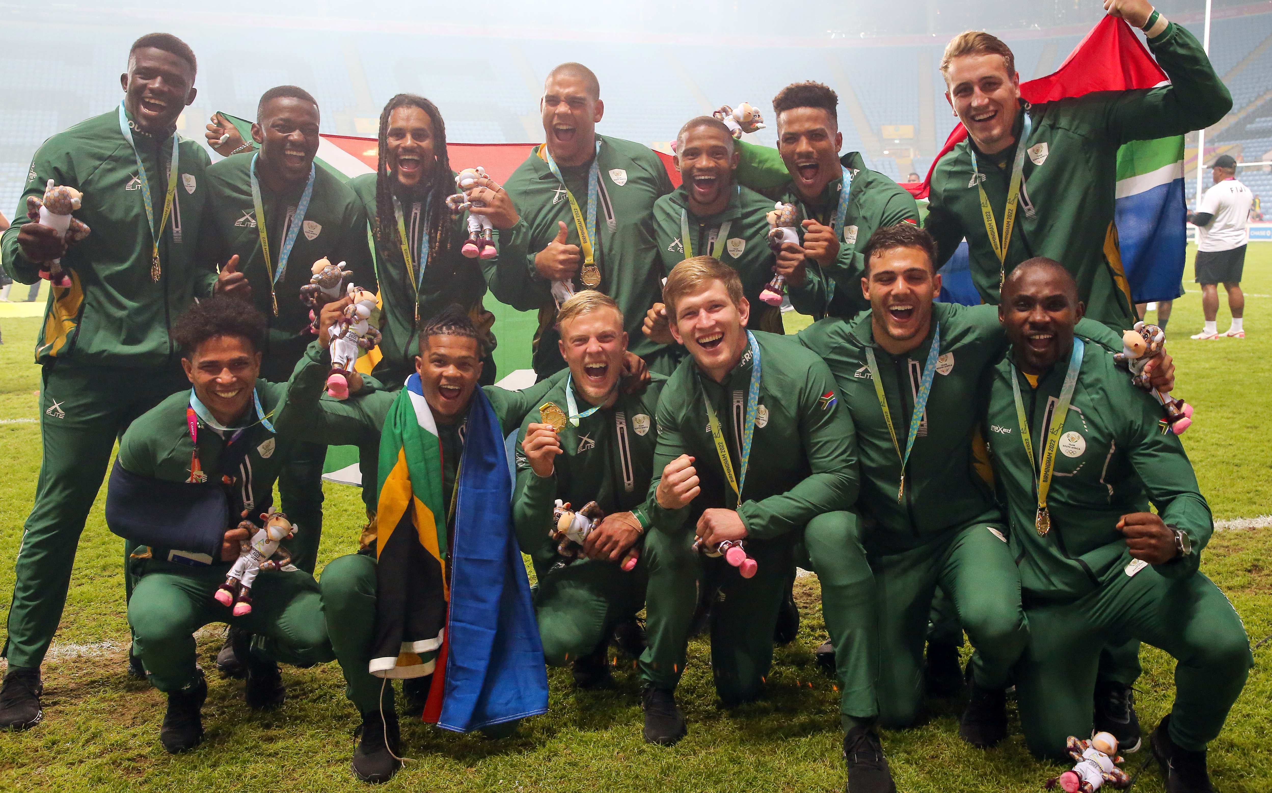 The Blitzboks celebrate winning the gold medal at the Commonwealth Games