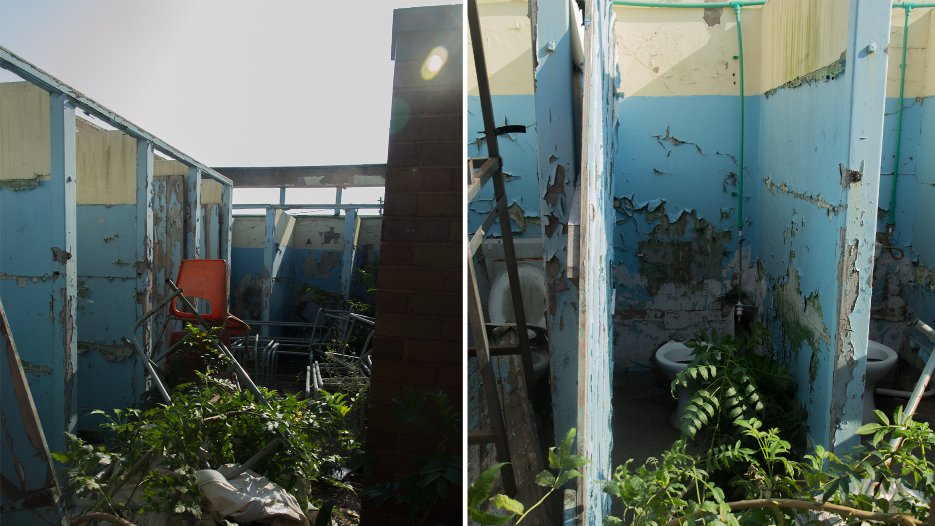 A view of the girls' toilet block that has been severely damaged.