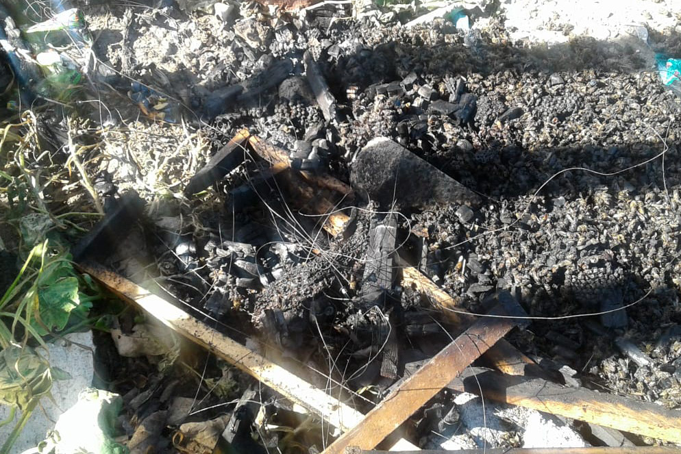 The charred remains of Vuyo Myoli's beehive