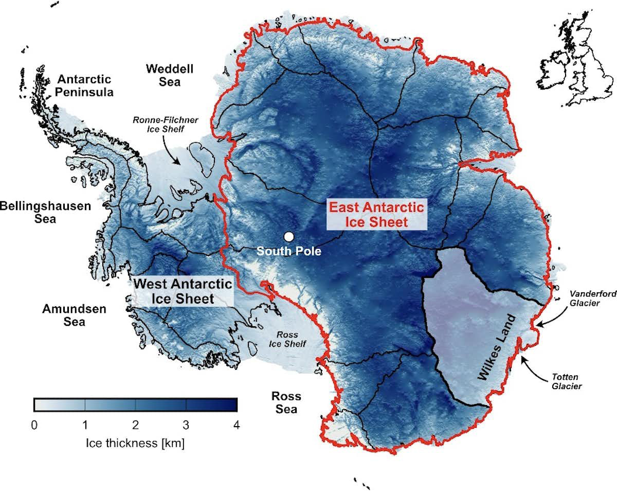 A graphic illustrating the thickness of ice in Antarctica. 
