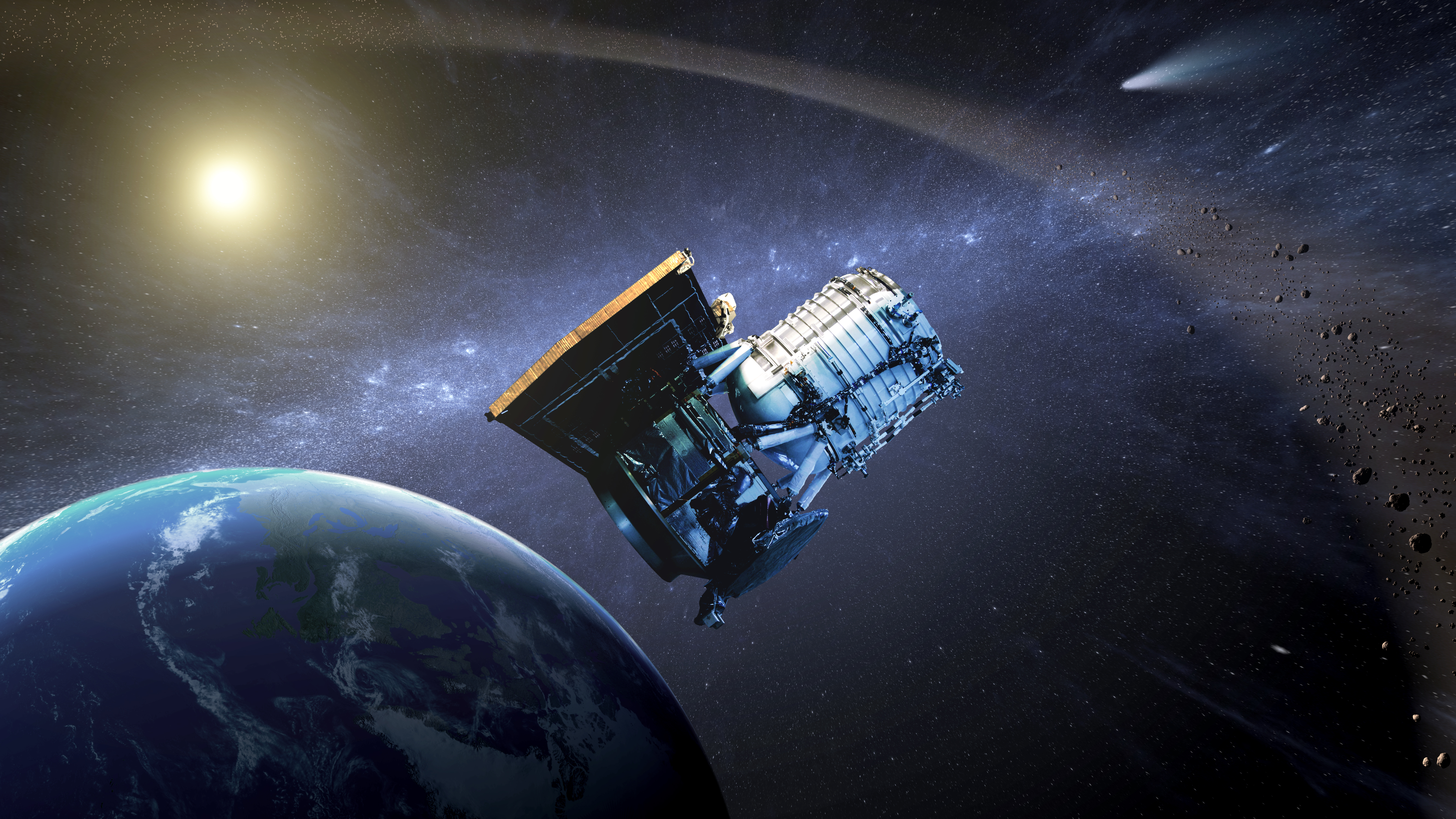 Artist’s concept of NASA's WISE (Wide-field Infrared Survey Explorer) spacecraft, which was an infrared-wavelength astronomical space telescope active from December 2009 to February 2011. In September 2013 the spacecraft was assigned a new mission as NEOWISE to help find near-Earth asteroids and comets. 