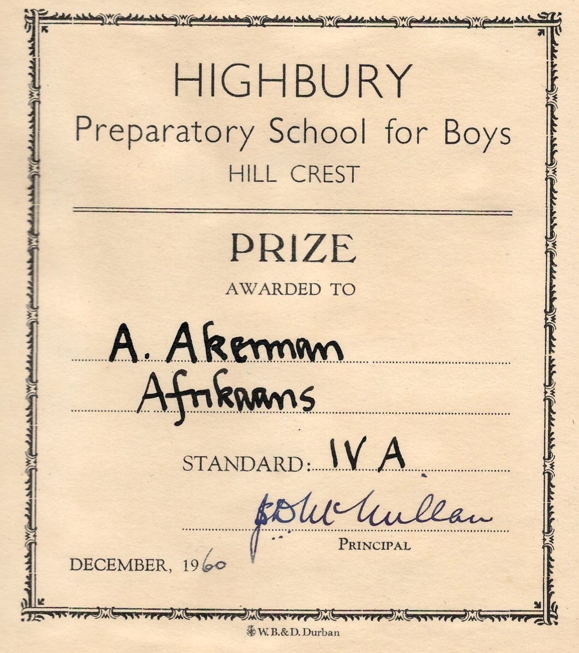 Author Anthony Akerman's Afrikaans Prize from Standard 4 in 1960. Image: Supplied
