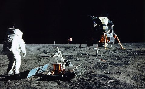 Astronaut Edwin E. Aldrin Jr., Lunar Module Pilot, stands near a scientific experiment on the lunar surface. Man's first landing on the Moon occurred on 20 July, 1969 as Lunar Module "Eagle" touched down gently on the Sea of Tranquility on the east side of the Moon. Image: NASA / Newsmakers