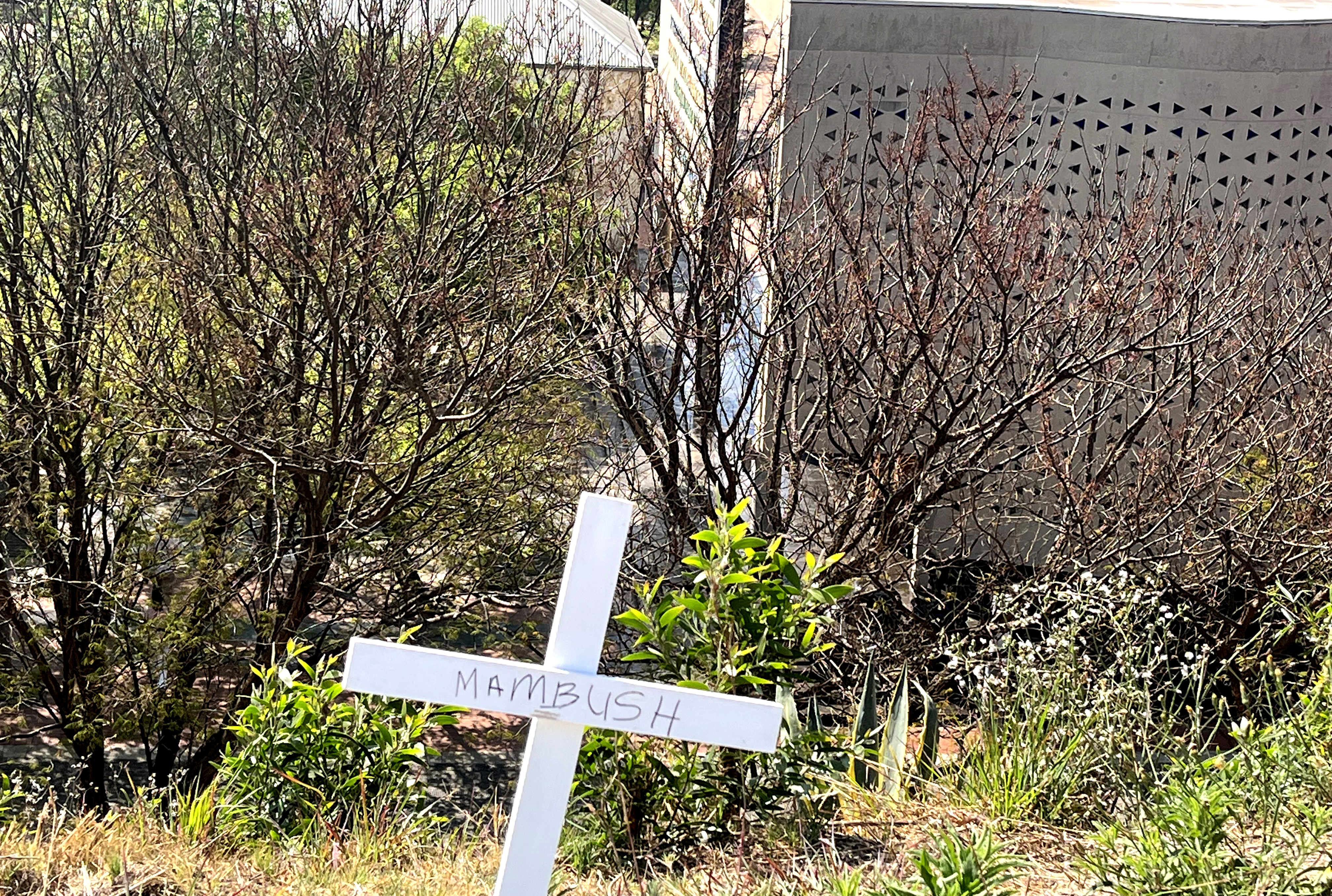 Justice and injustice: A cross memorialising the murder of Mgcineni "Mambush" Noki, one of the leaders of the Marikana strikers, looks down from the Old Fort ramparts onto the entrance to the Constitutional Court in Johannesburg. Image: Mark Heywood