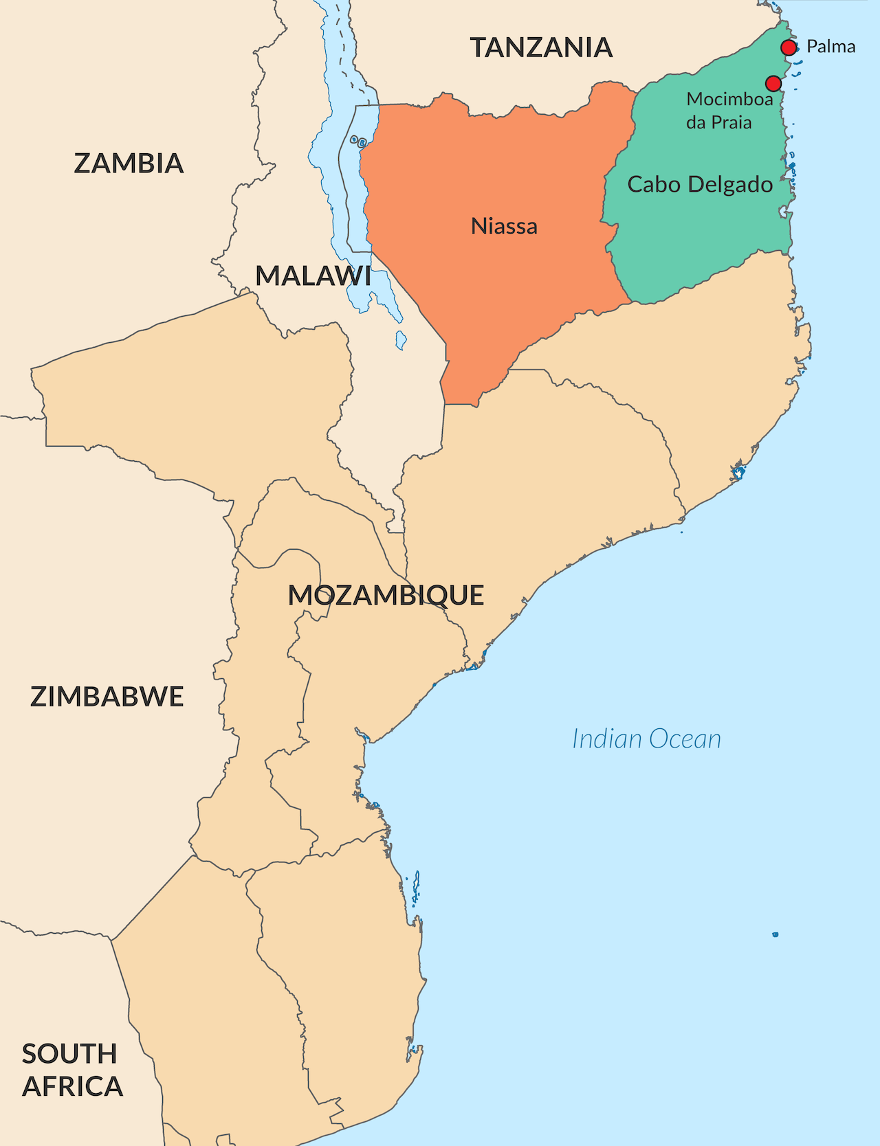 A map of Cabo Delgado province in Mozambique