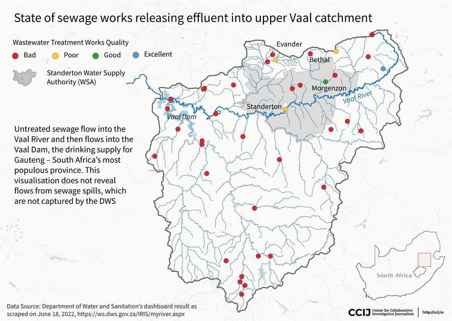 A map showing the state of sewage works releasing effluent into upper Vaal catchment.