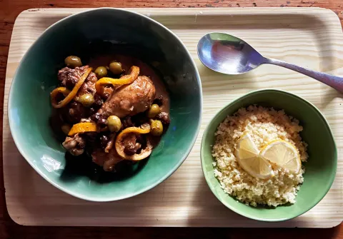 What’s cooking today: Chicken, lemon & green olive tajine
